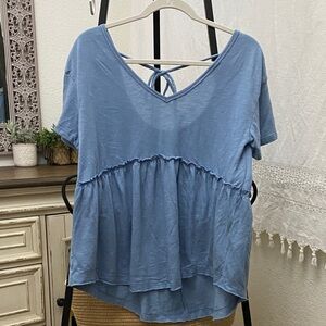 SO Light Blue V-Neck Ruffle Tee